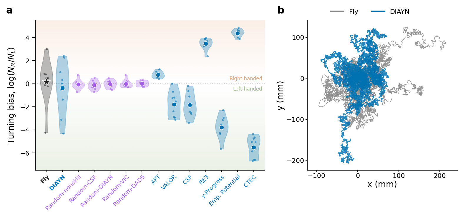 Turning-bias distributions for flies, DIAYN skills, other objectives, and controls.