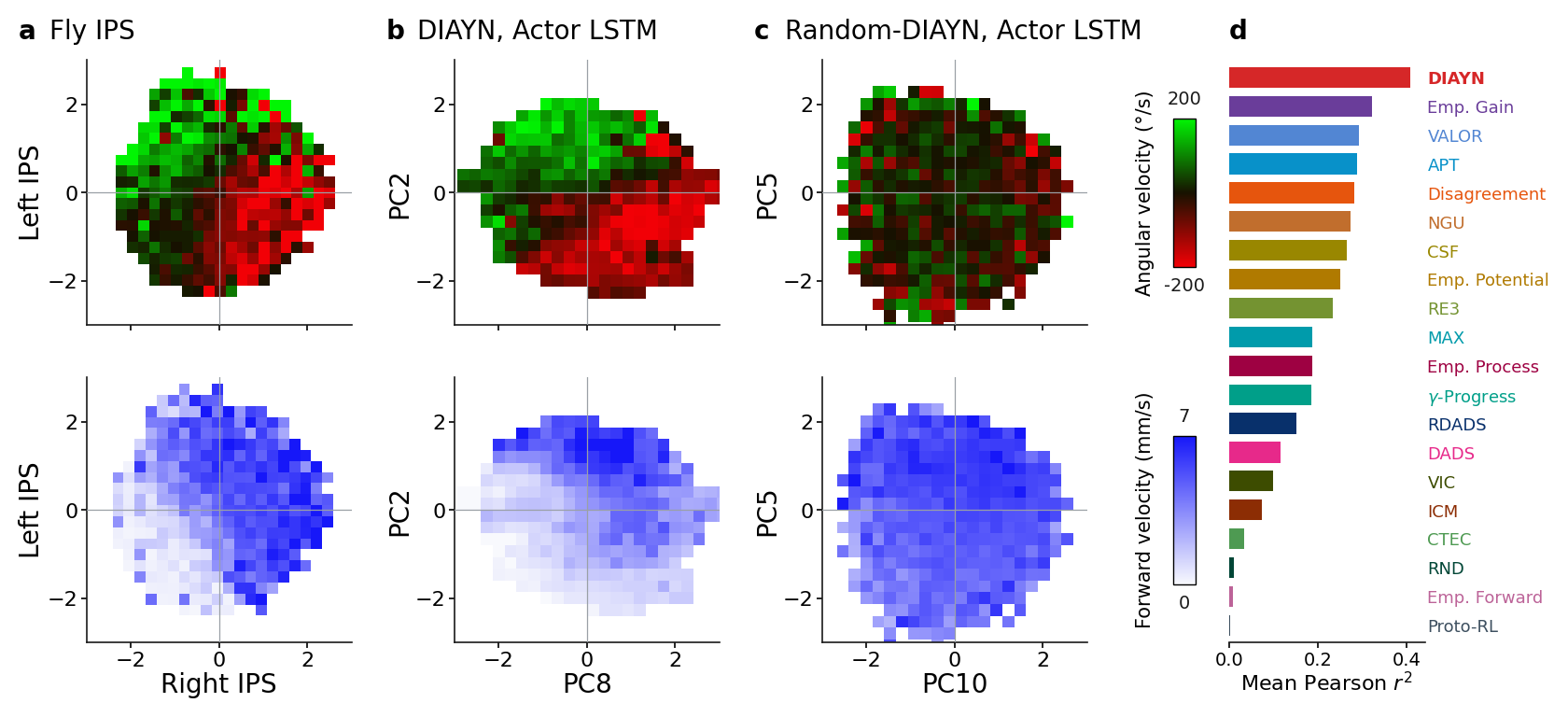 Fly IPS, trained DIAYN, and random DIAYN colored by angular and forward velocity.